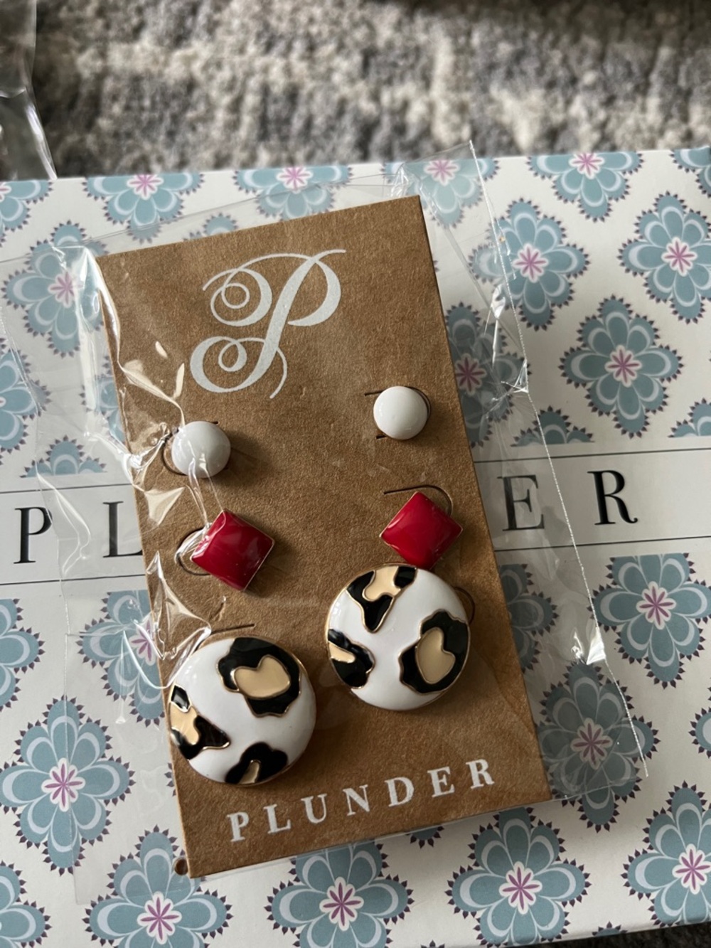 Plunder White, Black, Gold & Red Layered Animal Print Drop Earrings